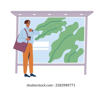 Business People Daily Routine. Male worker or entrepreneur stands at bus stop and waits for his bus to work. Company employee rushing to office. Cartoon flat vector illustration isolated on background