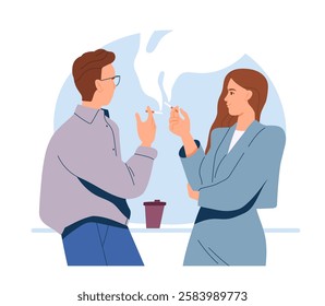 Business People Daily Routine. Male and female office employees or colleagues smoking, relaxing and communicating during break. Cartoon flat vector illustration isolated on background