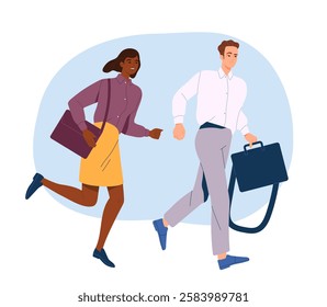 Business People Daily Routine. Office workers running and rushing to work or business meeting. Busy colleagues or partners. Cartoon flat vector illustration isolated on background