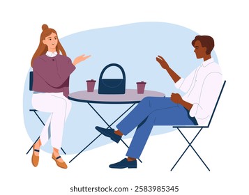 Business People Daily Routine. Smiling man and woman office workers sitting in coffee shop, talking and drinking coffee during lunch break. Cartoon flat vector illustration isolated on background