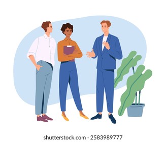 Business People Daily Routine. Team of office workers communicate and discuss project. Colleagues or partners at business meeting or conference. Cartoon flat vector illustration isolated on background