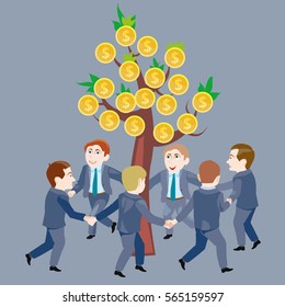 Business people dance in a circle around a money tree with coins