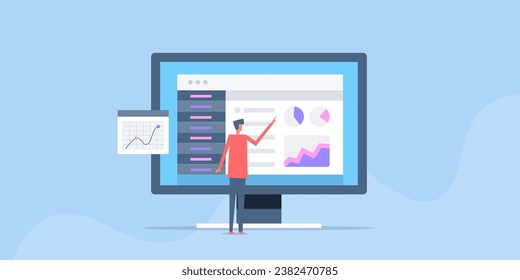 Business people data analysis, Software dashboard data report. business, marketing and financial data structure - vector illustration background with icons