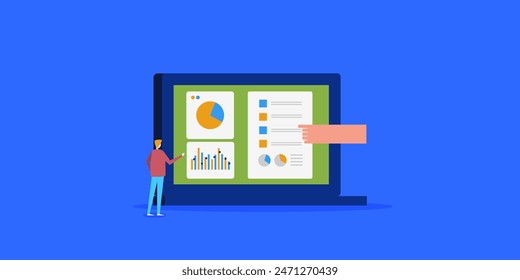 Geschäftsleute mit Business Data Analytics-Software. Datengesteuerte Geschäftsstrategie. Marketing-, Finanz- und Geschäftsdatenverwaltung - Vektorillustration mit Symbolen