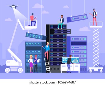 Business people in data center room. Data network management. Concept of hosting server and computer database. Vector illustration flat design 