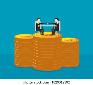 Business people dealing agreement on the stack of dollars coin. Vector design