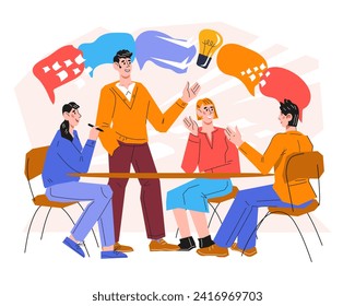 Business people debate, partnership, teamwork, brainstorming and collaboration. Professional relationships and discussion of business strategy. Successful team environment, vector isolated. svg