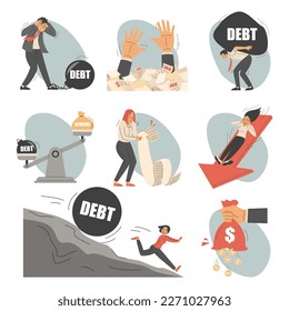 Business people in debt vector isolated. Set of illustrations of characters having problems with finance. Business crisis concept. Bills, taxes, money loss.