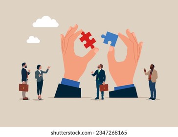 Business people decide jigsaw puzzle. Collaboration or partnership, get business, investment. Vector illustration.