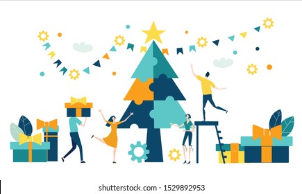 Business people decorate Christmas tree, prepare gifts and arranging celebration of the New year. Happy Little people
