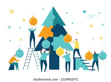 Business people decorate Christmas tree,  and arranging celebration of the New year. Happy Little people busy around the Christmas tree