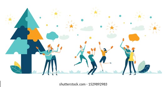Business people decorate Christmas tree, prepare gifts and arranging celebration of the New year. Happy Little people busy around the Christmas tree