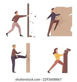 Business people destroying walls. Flat employees smash obstacles in different ways, break concrete. Men and women cartoon flat style isolated, nowaday vector set