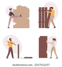 Business people destroying walls. Flat employees smash obstacles in different ways, break concrete. Men and women cartoon flat style isolated, nowaday vector set