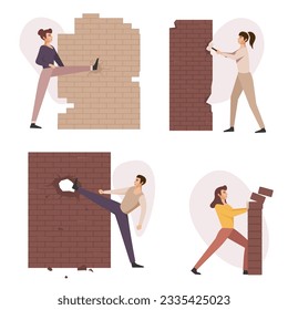 Business people destroying walls. Flat employees smash obstacles in different ways, break concrete. Men and women cartoon flat style isolated, nowaday vector set