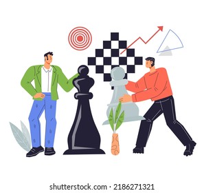 Business people developing company development strategy, flat vector illustration isolated on white background. People with chess pieces for financial consulting and business advisor service.