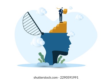 business people development or personal growth, self improvement to develop mindset, knowledge or skill to achieve success, businessman build growing stair from his head.
