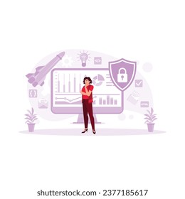 Negocio, gente, desarrollo y concepto de inicio. Mujer parada frente al ordenador. Concepto de pila completa. Ilustración plana vectorial moderna de tendencia