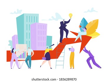 Business people at diagram, business man graph, vector illustration. Man woman teamwork achievement, cartoon financial team success. Marketing arrow progress, flat graphic job career.