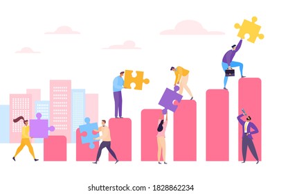 Business people at diagram with puzzle concept, vector illustration. Profit graph by success strategy, teamwork growth chart. Company communication at background, idea cooperation.
