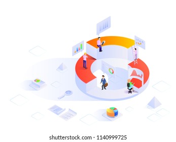Business people with different growth stages, analytics analysis the data with the help of infochart, isometric design for startup or data analysis concept.