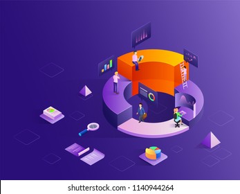 Business people at different levels of growth stages, analytics analysis the data with the help of infochart, isometric design for startup or data analysis concept.