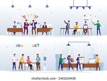 Business People in Different Office Situations Flat Vector concepts Set. Company Employees Working at Project, Making Negotiations, Removing to New Office, Colleagues Arguing on Workplace Illustration