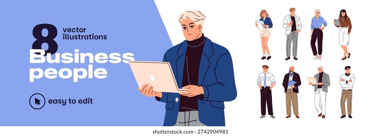 Business people in different poses set. Businessmen and employees hold laptop, report, papers, folder of documents and coffee. Office workers. Flat isolated vector illustrations on white background