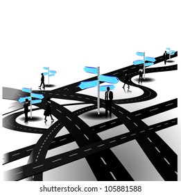 Business people with direction road signs by the tangled roads. Vector illustration