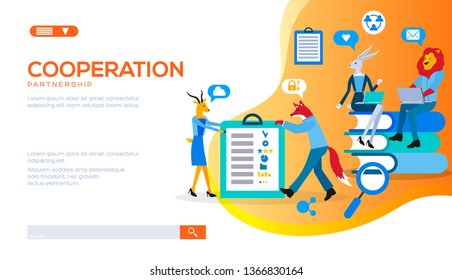 Business people discuss problems, ideas, analyse, plan during negotiation, meeting. Vector concept of teamwork, cooperation, partnership, recruitment of investors. Place for text, copy space.