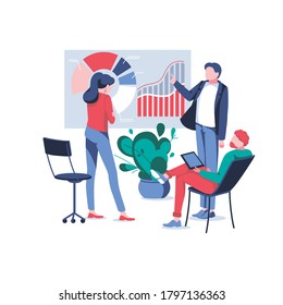 Business people discuss statistic and interact with graphs. Concept of teamwork, collaboration, partnership, conference. Manager presenting company financial report. Trendy flat vector illustration