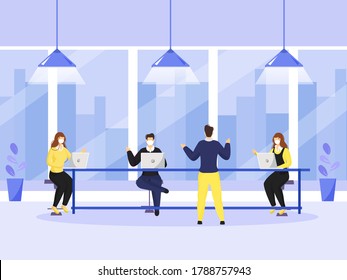 Business People Discussing Each Other At Workplace With Maintaining Social Distance For Avoid Coronavirus (Covid-19).