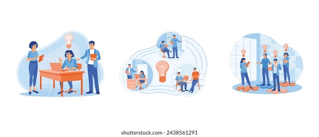 Business people are discussing inside the office. Looking for new ideas and solutions to achieve success. Business Idea concept. Set Flat vector illustration.