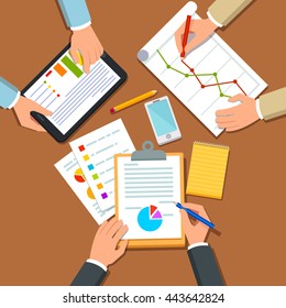 Business people discussing business plan, talking about sales and marketing statistical figures on graphs and charts. Top view. Flat style vector illustration. 