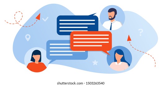 Business People Discussing In Social Network, News, Chat With Dialogue Speech Bubbles. Talking Characters In Formal Clothes Mobile Messenger For Texting And Leaving Comments In Social Media.