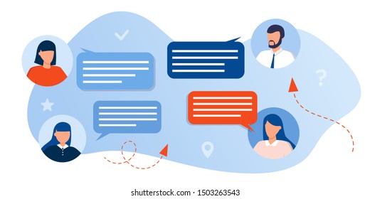 business people discussing in social network, news, chat with dialogue speech bubbles. Talking characters in formal clothes mobile messenger for texting and leaving comments in social media.