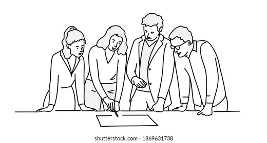 Business people discussing work. Teamwork. Hand drawn vector illustration.