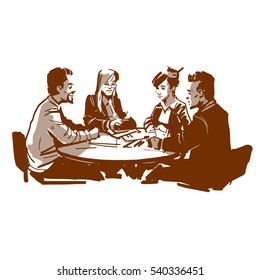 business people discussing and working together during a meeting in office, sketch style, vector illustration