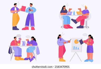 Business people discussion, meeting, disputing in office and coffee break. Colleagues communicate with speech bubbles sit at desk discussing project development plan, Line art flat vector illustration