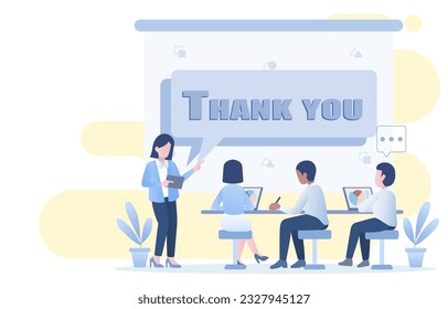 Business people discussion in meeting room. They exchange ideas, analyze data, and strategy for business growth. Presentation slide show "Thank you" in agenda meeting. Flat vector design illustration.