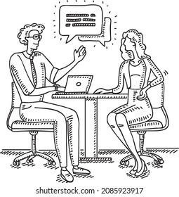 Business people discussion working concept. Sketchy hand-drawn vector illustration. Businesswoman with male colleague discuss work and use laptop and they are sitting at the table in the office.