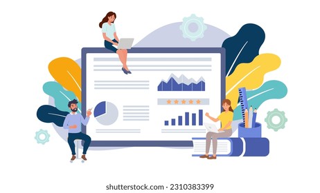 Business people. Diverse characters working as a teamwork. Business meeting and brainstorming with team for goal planning and data analytics to achieve financial strategy. Flat vector illustration.