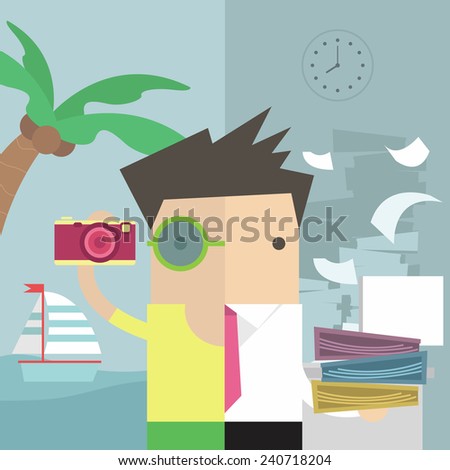 Business people are divided into two sides, one is resting and the other is working.