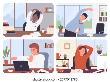 Business People Do Healthy Sport Exercises In Office And Relax Set Vector Illustration. Cartoon Employee Characters Stretching Body. Work Break Workout For Wellness, Care Health, Stress Relief Concept