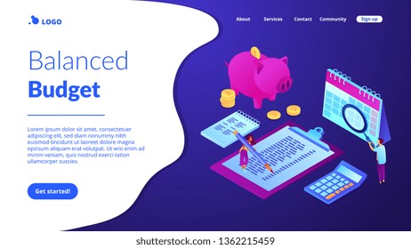 Business people doing financial calculations, calendar and piggy bank. Budget planning, balanced budget, company budget management concept. Isometric 3D website app landing web page template