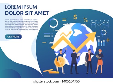 Business people doing financial planning, earth globe, sample text. Investment, management concept. Presentation slide template. Vector illustration for topics like business, finance, analysis