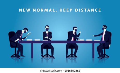 Business People Doing Meeting During Covid 19 Coronavirus Pandemic With New Normal Health Protocol, Keep Distance And Wearing Mask, Vector Illustration