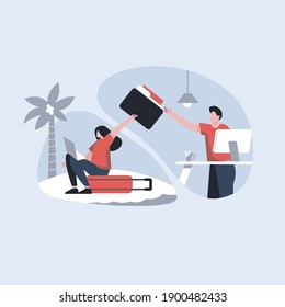 Business people doing office activity. Girl is sending file her colleague. Man taking file. Girl is on full travelling mood. Vector illustration in cartoon style.