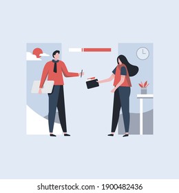 Business people doing office activity. Girl is sending file her colleague. Man taking file and having laptop in his hand. Vector illustration in cartoon style.