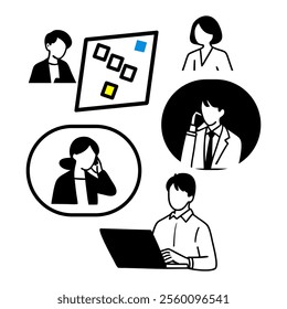 business people doing work in office, professional attire, working on a laptop, brainstorming with sticky notes, having a meeting, making a phone call